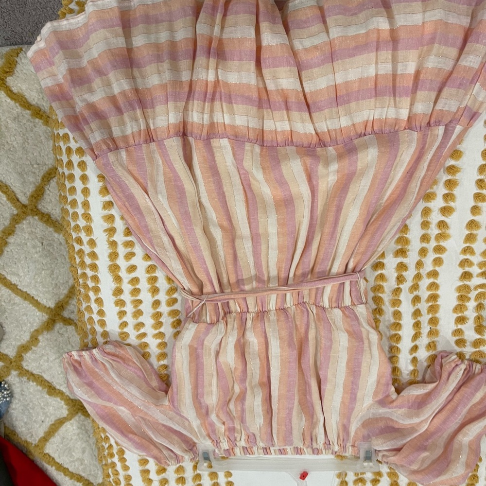 impeccable pig off the shoulder pink striped dress small - Picture 2 of 4
